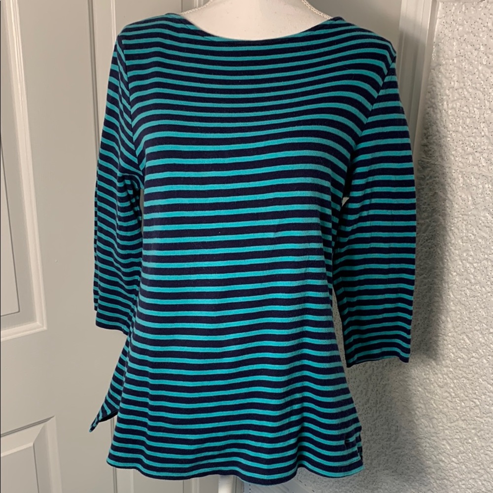 Isaac Mizrahi Essential Yarn Dye Stripe 3/4 Sleeve Top Size Medium Navy/Green
